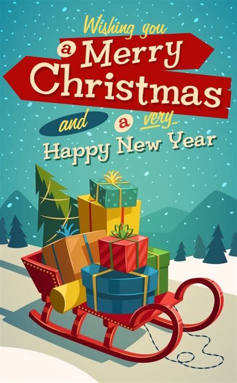 a christmas card with presents in a sleigh and the words wishing you merry christmas and new year