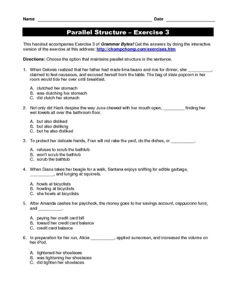 Parallel Structure, Exercise 3 Worksheet for 4th - 12th Grade | Lesson Planet