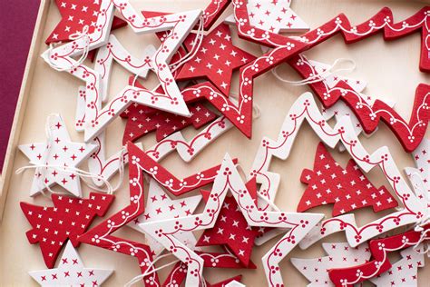 Photo of Colorful red and white wooden Xmas tree ornaments | Free christmas images