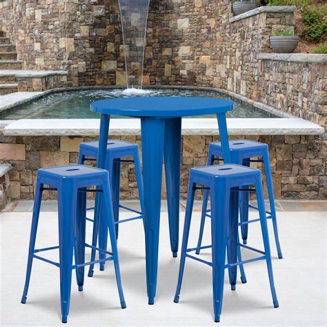 BizChair Commercial Grade 30" Round Blue Metal Indoor-Outdoor Bar Table ...