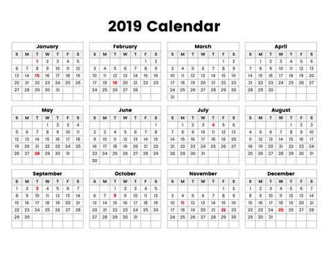 2019 Year Calendar With Holidays - A Printable Calendar