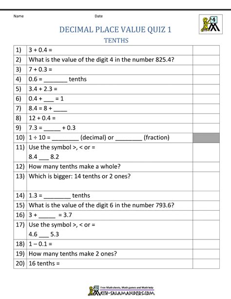 Decimal Place Value Worksheets 4th Grade