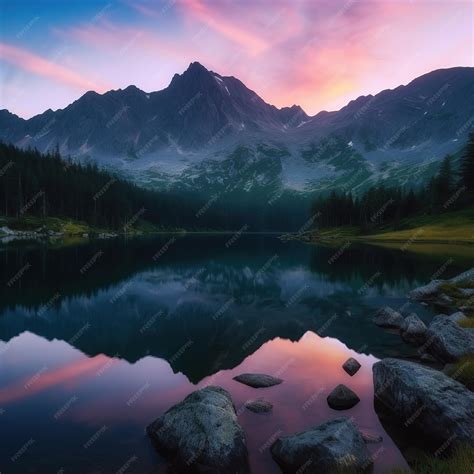 Premium Photo | A mountain lake with a pink sky and a purple sky with ...