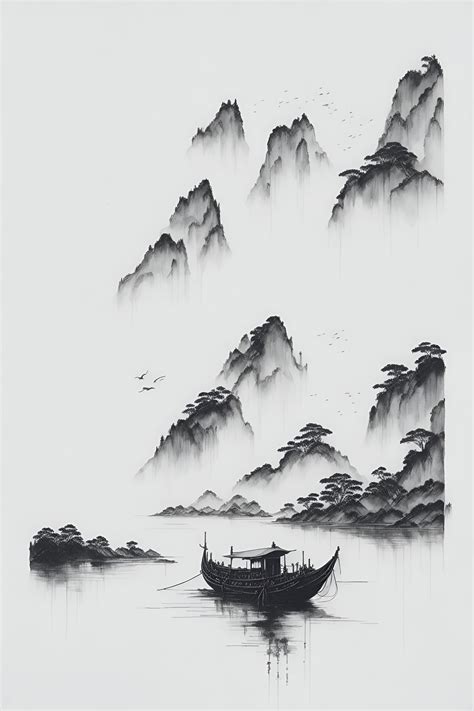 PRINTABLE Chinese Ink Painting Mountains and River Landscape - Etsy in ...