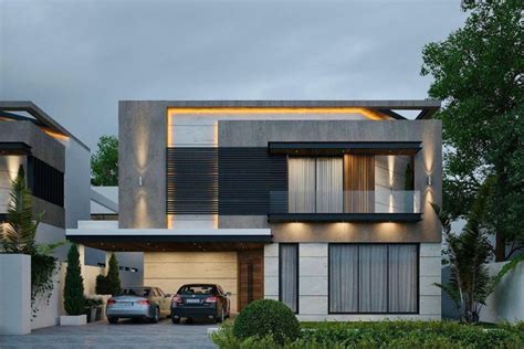 two cars parked in front of a modern house