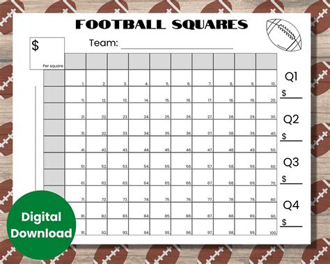 Football Squares Game Printable, Football Fundraiser, Football Betting Game, Football Square ...