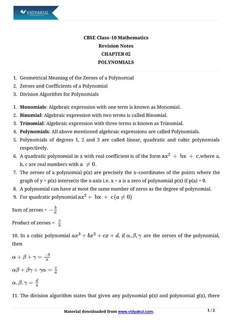 Class 10th Math Polynomials NCERT Notes CBSE 2023