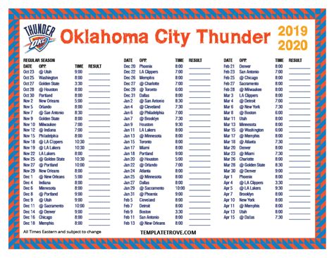 Printable 2019-2020 Oklahoma City Thunder Schedule