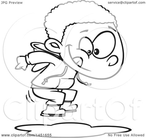 Clipart Graphic of a Cartoon Black and White Lineart Boy Jumping in ...