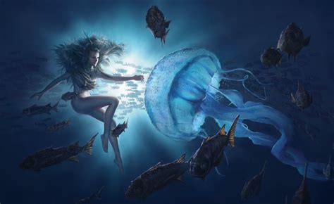 fish, girl, artwork, underwater, fantasy art - wallpaper #204835 (1920x1175px) on Wallls.com