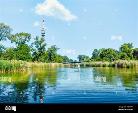 View with The Donauturm(Danube Tower) located in Donau Park. Iconic tower with observation ...