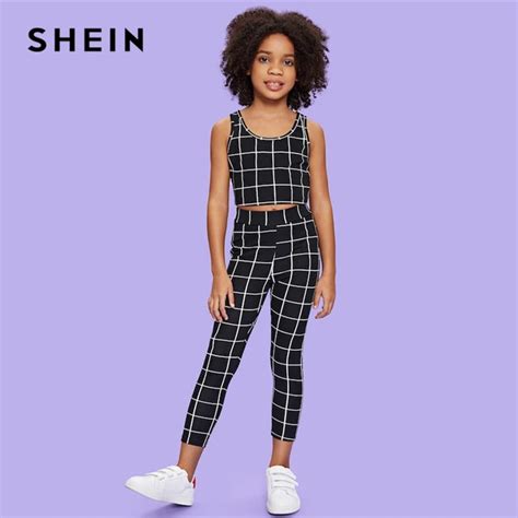 SHEIN Kiddie Black Scoop Neck Plaid Tank Top And Pants Girls Clothing ...