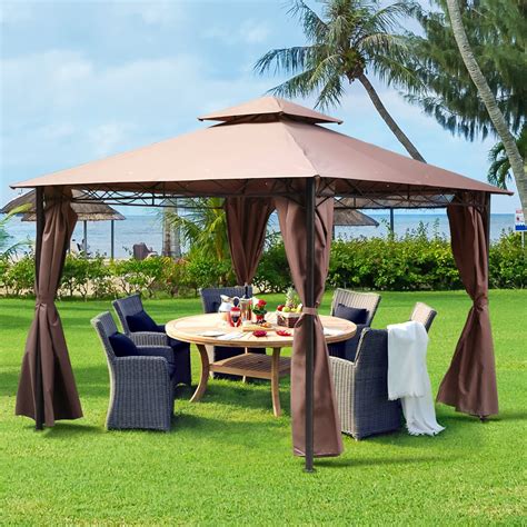 Outdoor Canopy Patio Gazebo Tent With Elegant Corner Curtain For Backyard, Party, Brown 13 W X ...