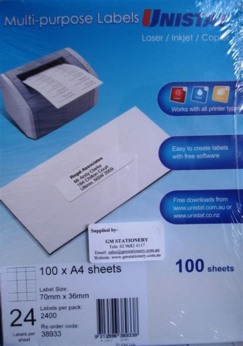 38933 Label Unistat 70x36mm 24 per sheet Box 2400. Unistat 38933 labels ...