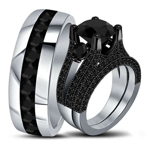 Real Black Diamond 14K White Gold |1-|2 Bridal Engagement His Her Trio ...