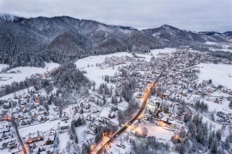 Premium Photo | Zakopane cityscape in winter streets in snow aerial ...