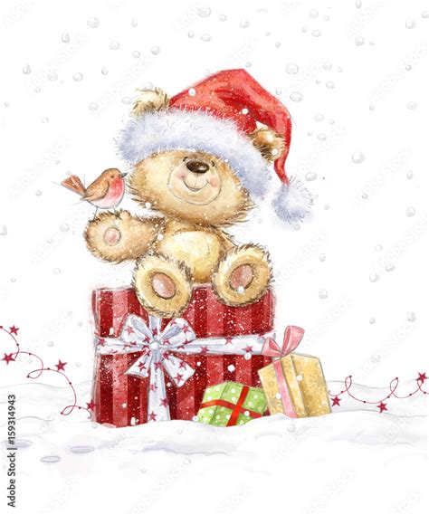 Cute teddy bear with christmas gifts in the Santa hat. Hand drawn teddy bear.Christmas greeting ...