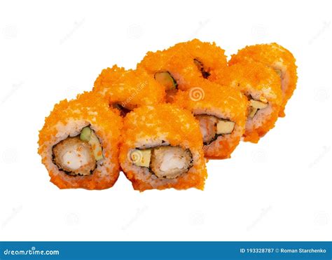 Sushi Masago Roll with Tempura Shrimp. Isolated on a White Stock Image ...