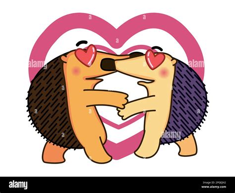 Two cute kissing hedgehogs on the background of hearts. Romantic vector illustration with ...