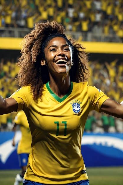 Premium AI Image | Female soccer player brazil celebrating goal in ...