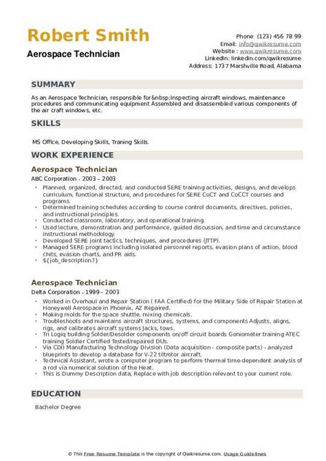 Aerospace Technician Resume Samples | QwikResume