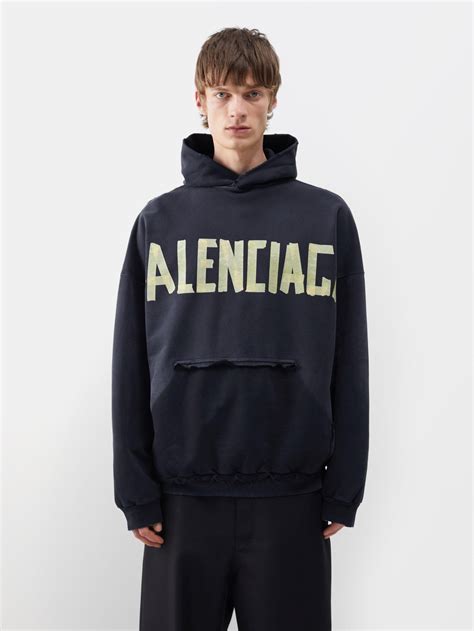 Balenciaga Tape-logo Distressed Cotton-jersey Hoodie in Blue for Men | Lyst