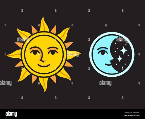 Cartoon sun and crescent moon with face. Vintage style color drawing ...