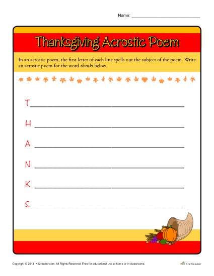 Thanksgiving Acrostic Poem Worksheet