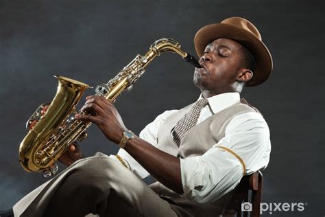Sticker Black american jazz saxophone player. Vintage. Studio shot. - PIXERS.US
