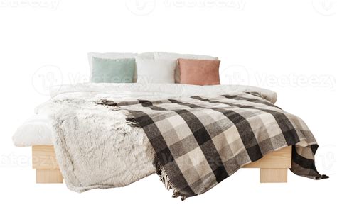 White bed with colorful cushions and blanket isolated on a transparent background 21597079 PNG