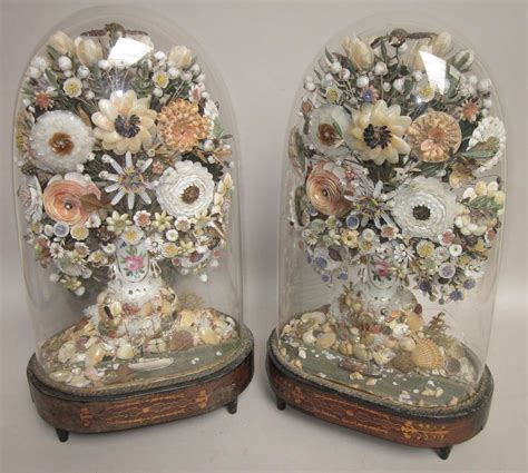 Victorian shell art | Pair of victorian shellwork displays under domes | Vintage shell art ...