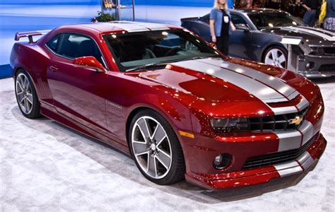 Custom Chevrolet Camaro In Red Metallic Paint and White Car Stripes ...