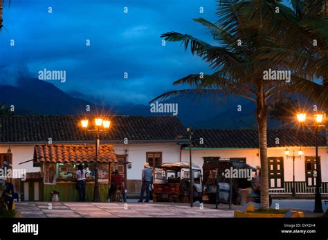 Salento central square at dusk. Quindio, Colombia. Colombian coffee ...