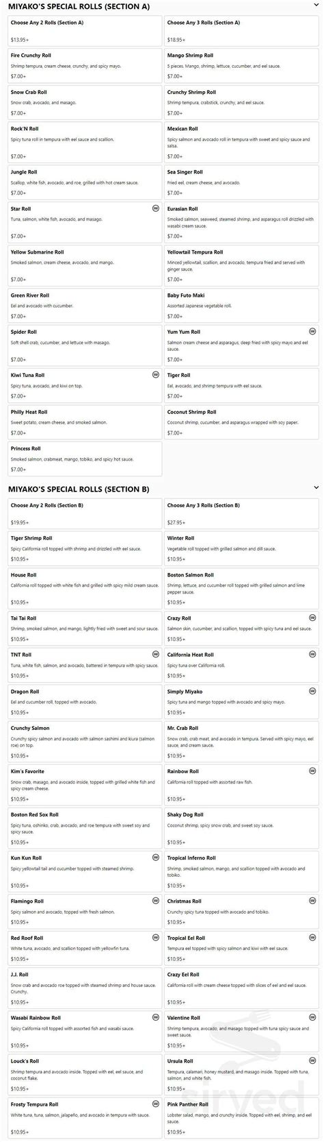 Miyako Sushi menu in Harrisburg, Pennsylvania, USA