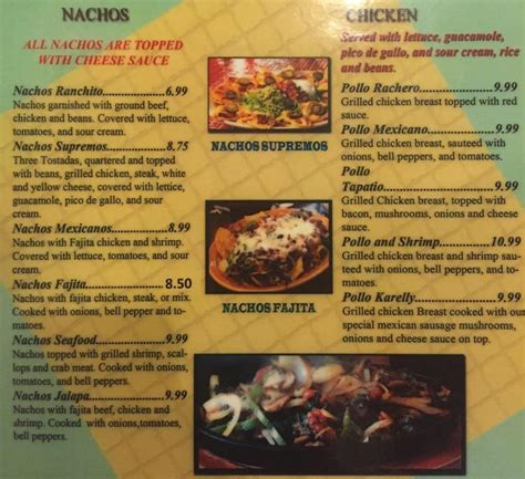 Menu at El Ranchito Mexican restaurant, Warren