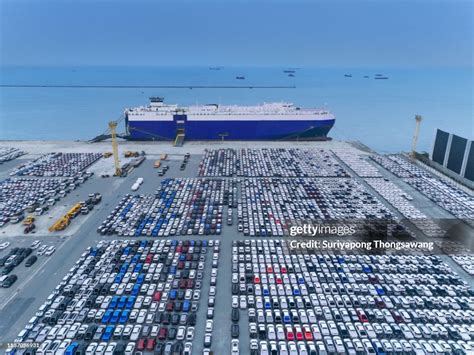 Aerial View Car Loading To Large Roro Carrier Vessel For Shipping To ...