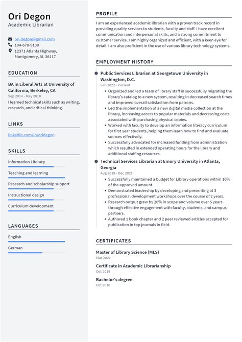 Academic Librarian Resume Example and Writing Guide - ResumeLawyer