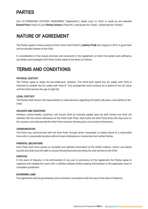 Printable Co Parenting Agreement Template