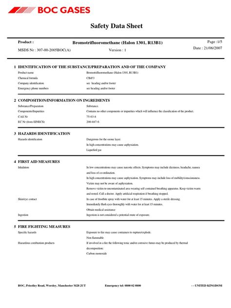 Safety Data Sheet: Bromotrifluoromethane (Halon 1301, R13B1) | PDF | Gases | Chemistry