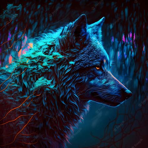 Premium Photo | A blue wolf with a blue eye and a purple background.