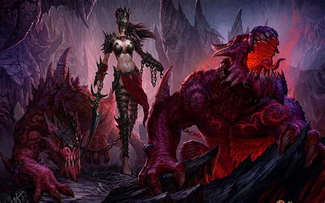 Fantasy girl, red, art, woman, dragon, monsters, fantasy, girl, dark ...