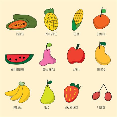 Various fruits childish hand drawn style. Illustration of kids drawing fruits concept. 16059128 ...