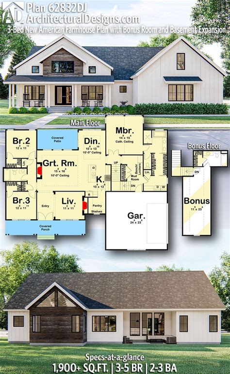 Plan 62832DJ: 3-Bed New American Farmhouse Plan with Bonus Room and ...