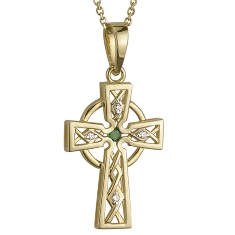 Celtic Pendant - 14k Gold with Diamond and Emerald Celtic Cross Pendant with Chain at IrishShop ...