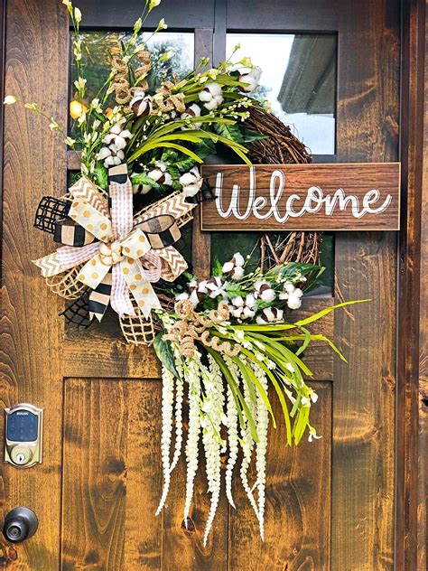 Large 20” Rustic Farmhouse Grapevine Welcome Wreath with Cotton and burlap ribbon for Spring ...