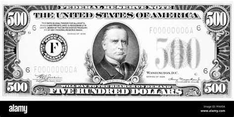 500 DOLLAR BILL. /nPresident William McKinley on the front of a U.S five hundred dollar note ...