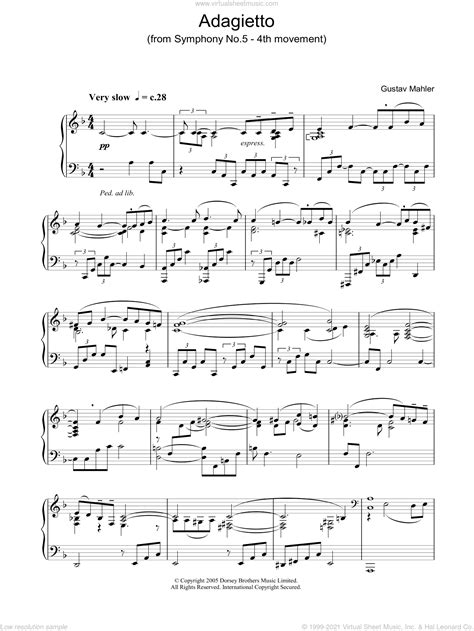 Mahler - 'Adagietto' From Symphony No. 5 (4th Movement) sheet music for piano solo