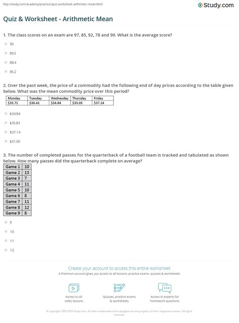 Quiz & Worksheet - Arithmetic Mean | Study.com