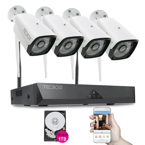 TECBOX 4CH Wireless Security Camera System 720P HDMI NVR with 1TB Hard Drive, 4 x 720P HD Indoor ...