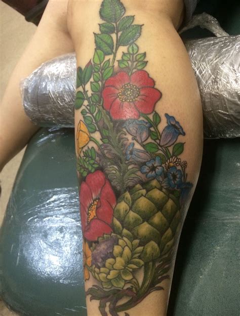 Artichoke and flowers tattoo Metamorphic Tattoo San Jose Ca | Tattoos, Piercing tattoo, Flower ...